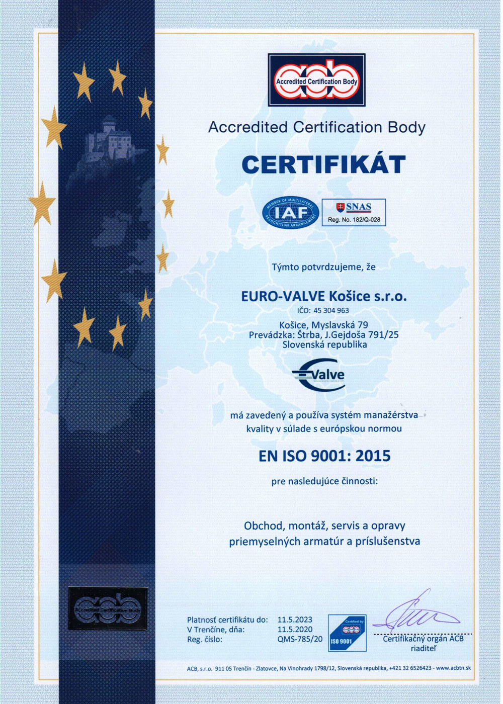 certifikát EURO-VALVE Košice s.r.o.